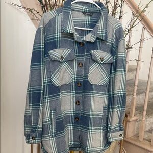 Plaid Button-Up Hoodie - Blue and Gray